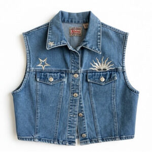Vintage Kikomo Y2K Denim Vest Embroidered Celestial Sun Star Cropped Jacket L